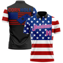 Load image into Gallery viewer, Custom Black Pink Light Blue Red-Royal 3D Cornhole American Flag Performance Polo Shirt