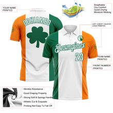Load image into Gallery viewer, Custom White Kelly Green-Bay Orange 3D St. Patrick's Day Shamrock Performance Polo Shirt