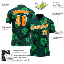 Load image into Gallery viewer, Custom Navy Bay Orange-Green 3D St. Patrick's Day Shamrock Performance Polo Shirt