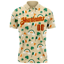 Load image into Gallery viewer, Custom Cream Red Green-Yellow 3D St. Patrick's Day Shamrock Performance Polo Shirt
