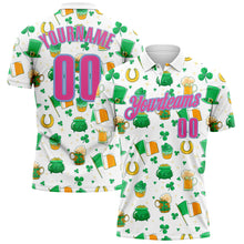 Load image into Gallery viewer, Custom White Pink-Light Blue 3D St. Patrick's Day Shamrock Beer Performance Polo Shirt