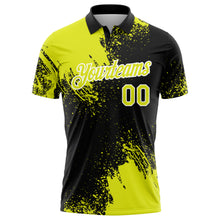 Load image into Gallery viewer, Custom Neon Yellow Black-White 3D Pattern Design Abstract Brush Stroke Performance Polo Shirt
