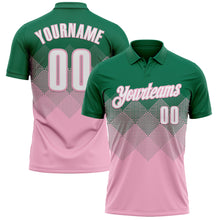 Load image into Gallery viewer, Custom Kelly Green White-Light Pink 3D Gradient Square Shape Performance Polo Shirt