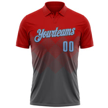 Load image into Gallery viewer, Custom Red Light Blue-Steel Gray 3D Gradient Square Shape Performance Polo Shirt