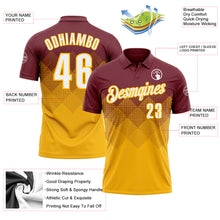 Load image into Gallery viewer, Custom Burgundy White-Gold 3D Gradient Square Shape Performance Polo Shirt