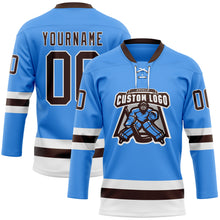 Load image into Gallery viewer, Custom Sky Blue Brown-White Hockey Lace Neck Jersey