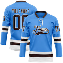 Load image into Gallery viewer, Custom Sky Blue Brown-White Hockey Lace Neck Jersey