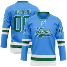 Load image into Gallery viewer, Custom Sky Blue Kelly Green-White Hockey Lace Neck Jersey