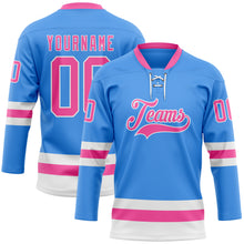 Load image into Gallery viewer, Custom Sky Blue Pink-White Hockey Lace Neck Jersey