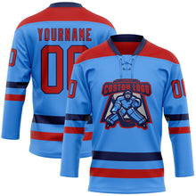 Load image into Gallery viewer, Custom Sky Blue Red-Navy Hockey Lace Neck Jersey