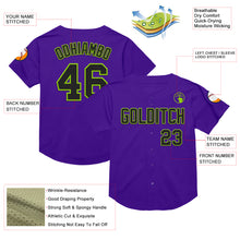 Load image into Gallery viewer, Custom Purple Black-Neon Green Mesh Authentic Throwback Baseball Jersey