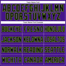 Load image into Gallery viewer, Custom Purple Black-Neon Green Mesh Authentic Throwback Baseball Jersey