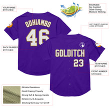 Load image into Gallery viewer, Custom Purple White-Old Gold Mesh Authentic Throwback Baseball Jersey