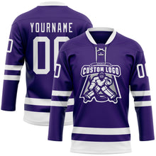 Load image into Gallery viewer, Custom Purple White Hockey Lace Neck Jersey