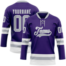 Load image into Gallery viewer, Custom Purple Gray-White Hockey Lace Neck Jersey