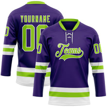 Load image into Gallery viewer, Custom Purple Neon Green-White Hockey Lace Neck Jersey