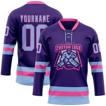 Load image into Gallery viewer, Custom Purple Light Blue-Pink Hockey Lace Neck Jersey
