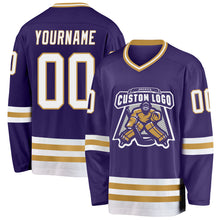 Load image into Gallery viewer, Custom Purple White-Old Gold Hockey Jersey