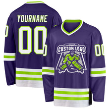 Load image into Gallery viewer, Custom Purple White-Neon Green Hockey Jersey