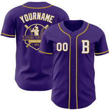 Load image into Gallery viewer, Custom Purple White-Old Gold Authentic Baseball Jersey