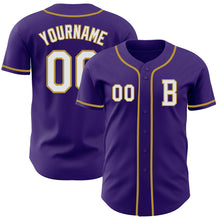 Load image into Gallery viewer, Custom Purple White-Old Gold Authentic Baseball Jersey