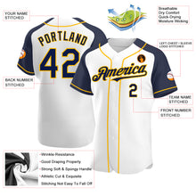Load image into Gallery viewer, Custom White Navy-Gold Authentic Raglan Sleeves Baseball Jersey