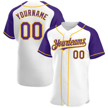 Load image into Gallery viewer, Custom White Purple-Gold Authentic Raglan Sleeves Baseball Jersey