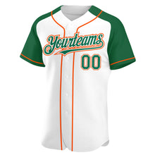 Load image into Gallery viewer, Custom White Kelly Green-Orange Authentic Raglan Sleeves Baseball Jersey