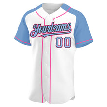 Load image into Gallery viewer, Custom White Light Blue Black-Pink Authentic Raglan Sleeves Baseball Jersey