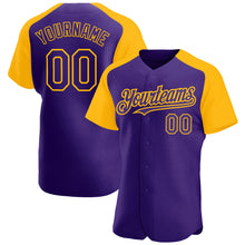 Load image into Gallery viewer, Custom Purple Gold Authentic Raglan Sleeves Baseball Jersey