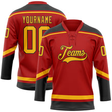 Load image into Gallery viewer, Custom Red Gold-Black Hockey Lace Neck Jersey