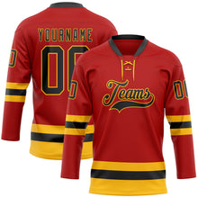 Load image into Gallery viewer, Custom Red Black-Gold Hockey Lace Neck Jersey