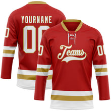 Load image into Gallery viewer, Custom Red White-Old Gold Hockey Lace Neck Jersey