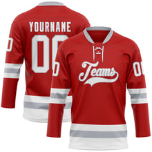 Load image into Gallery viewer, Custom Red White-Gray Hockey Lace Neck Jersey