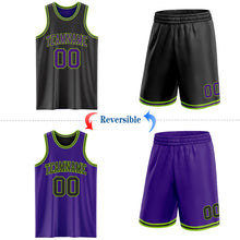 Load image into Gallery viewer, Custom Reversible Black Purple-Neon Green Double Side Sublimation Basketball Suit Jersey