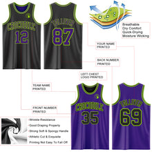 Load image into Gallery viewer, Custom Reversible Black Purple-Neon Green Double Side Sublimation Basketball Suit Jersey