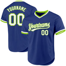 Load image into Gallery viewer, Custom Royal White-Neon Green Authentic Throwback Baseball Jersey