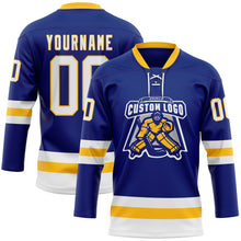 Load image into Gallery viewer, Custom Royal White-Gold Hockey Lace Neck Jersey
