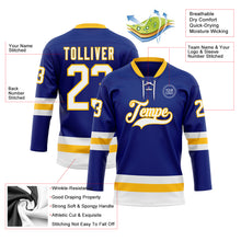 Load image into Gallery viewer, Custom Royal White-Gold Hockey Lace Neck Jersey