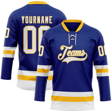 Load image into Gallery viewer, Custom Royal White-Gold Hockey Lace Neck Jersey