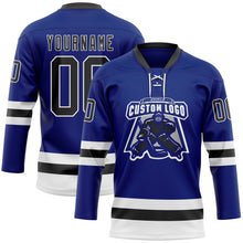Load image into Gallery viewer, Custom Royal Black-White Hockey Lace Neck Jersey