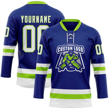 Load image into Gallery viewer, Custom Royal White-Neon Green Hockey Lace Neck Jersey