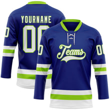 Load image into Gallery viewer, Custom Royal White-Neon Green Hockey Lace Neck Jersey