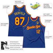 Load image into Gallery viewer, Custom Royal Gold-Red Authentic Throwback Basketball Jersey