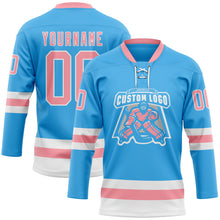Load image into Gallery viewer, Custom Sky Blue Medium Pink-White Hockey Lace Neck Jersey