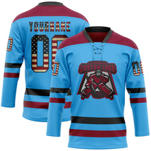 Load image into Gallery viewer, Custom Sky Blue Vintage USA Flag Black-Maroon Hockey Lace Neck Jersey