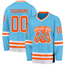 Load image into Gallery viewer, Custom Sky Blue Orange-White Hockey Jersey