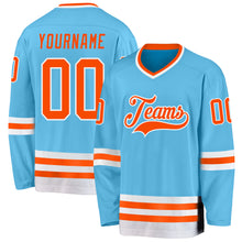 Load image into Gallery viewer, Custom Sky Blue Orange-White Hockey Jersey