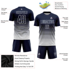 Load image into Gallery viewer, Custom Navy White Pinstripe Fade Fashion Sublimation Soccer Uniform Jersey