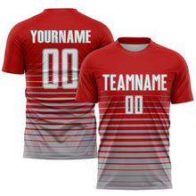 Load image into Gallery viewer, Custom Red White-Gray Pinstripe Fade Fashion Sublimation Soccer Uniform Jersey